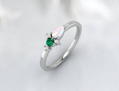 Australian Opal And Emerald Cluster Engagement Ring Anniversary Gift