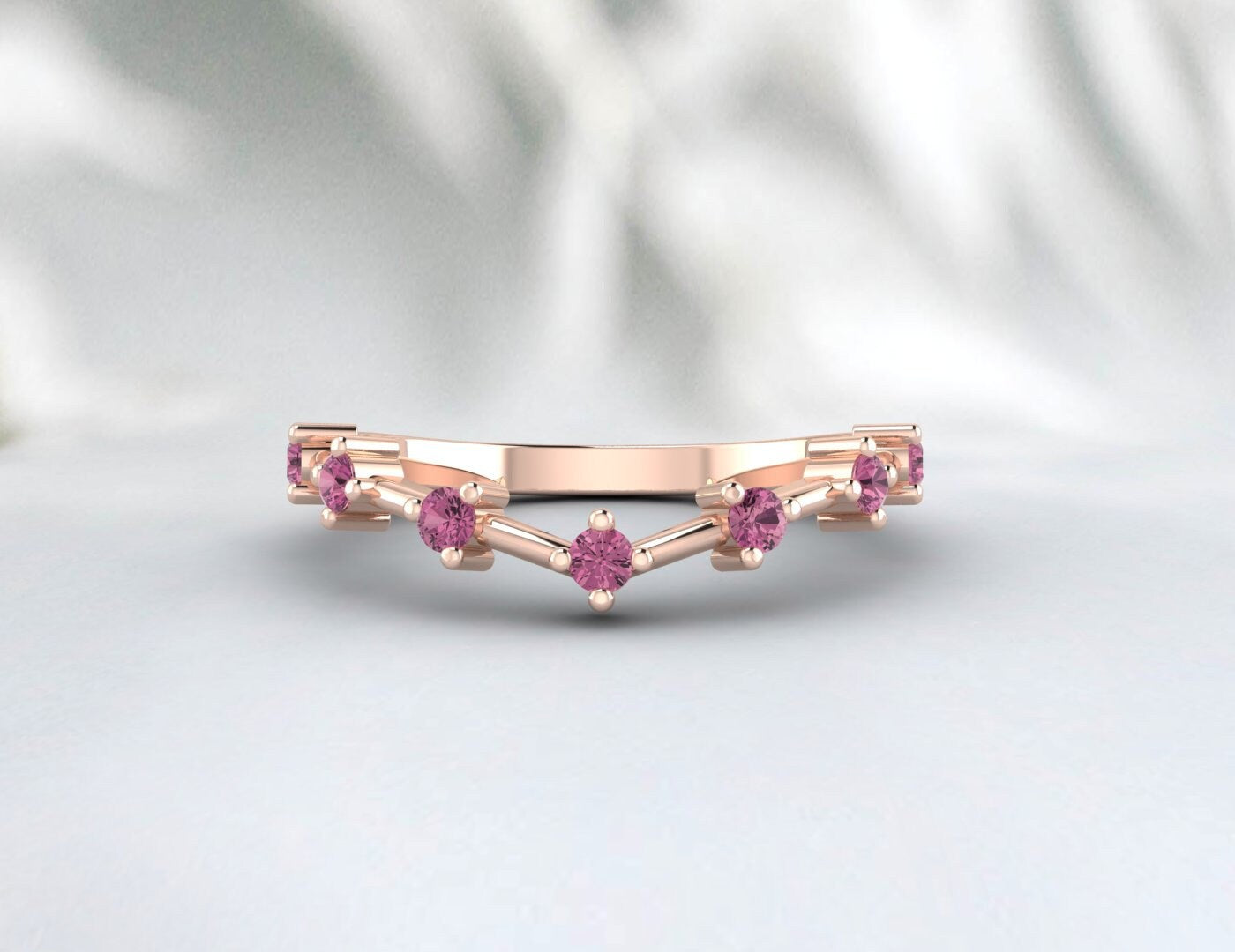 Round Pink Tourmaline Engagement Ring Curved pink Stone Wedding Band