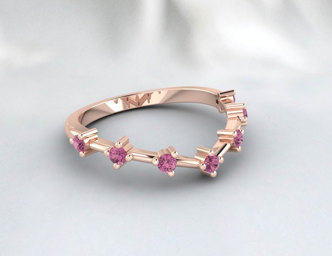 Round Pink Tourmaline Engagement Ring Curved pink Stone Wedding Band