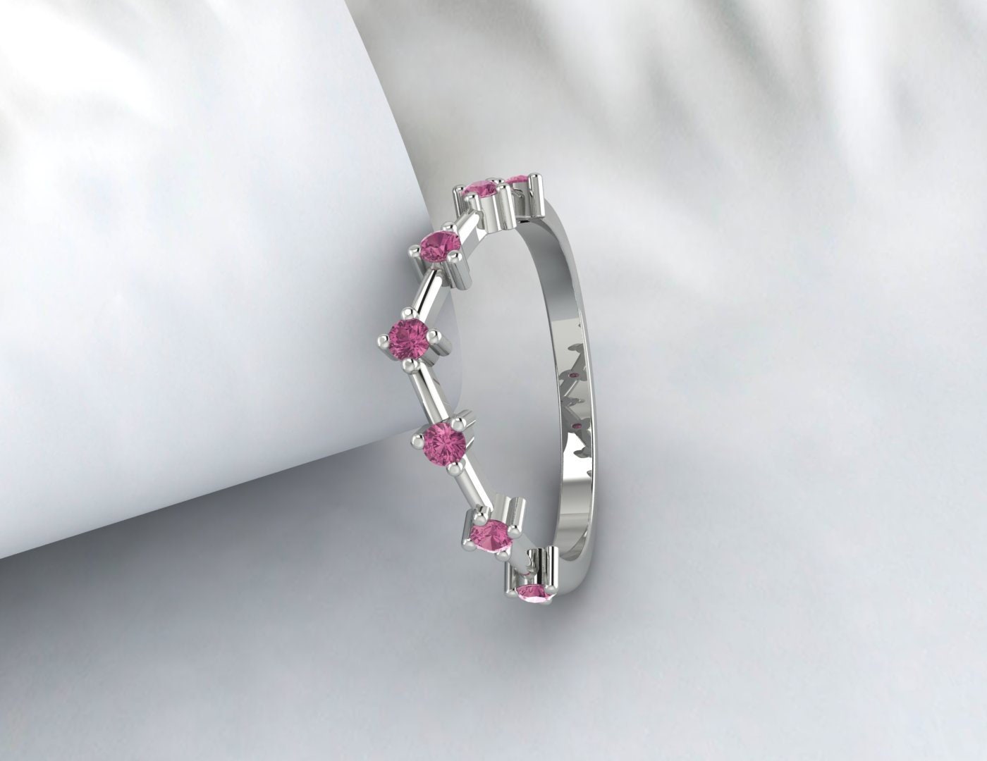 Round Pink Tourmaline Engagement Ring Curved pink Stone Wedding Band