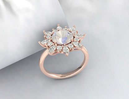 Vintage Rainbow Moonstone Engagement Rose Gold Ring Anniversary Ring