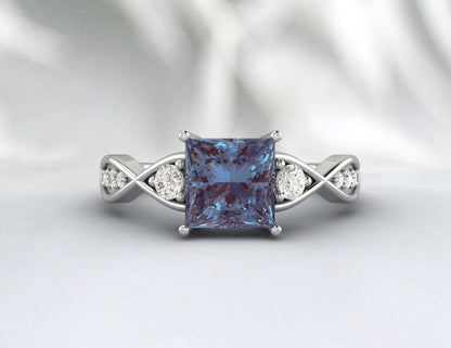 Princess Cut Alexandrite Ring Twist Engagement Ring Gift For Wife