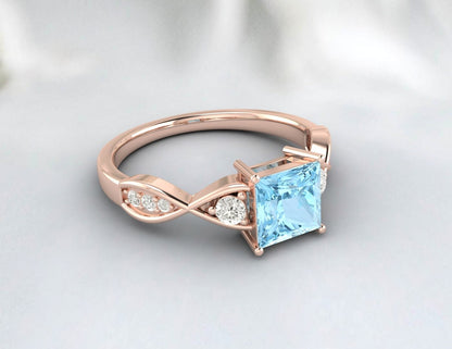 Princess Cut Aquamarine Engagement Ring Sterling Silver Ring March Birthstone Ring 14k Gold Twist Band Ring Gift For Her Diamond Ring