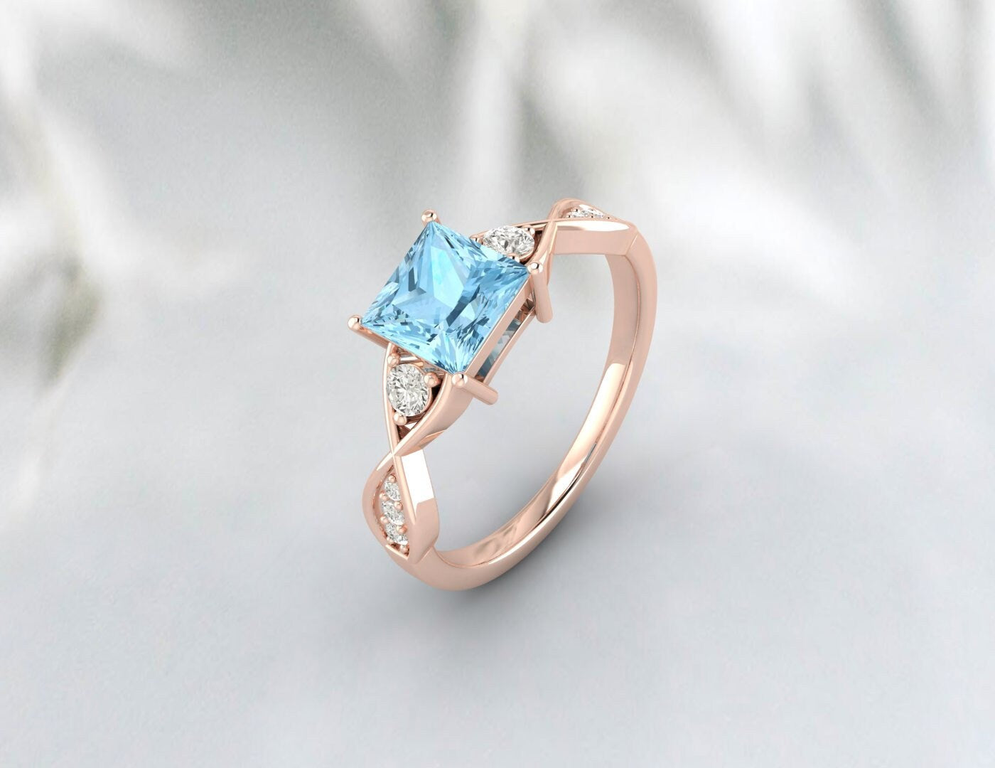 Princess Cut Aquamarine Engagement Ring Sterling Silver Ring March Birthstone Ring 14k Gold Twist Band Ring Gift For Her Diamond Ring