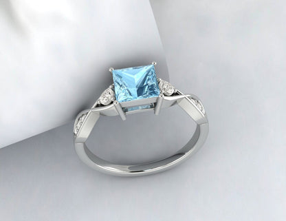 Bague de fiançailles aigue-marine taille princesse, bague en argent sterling, bague en pierre de naissance de mars, bague torsadée en or 14 carats, cadeau pour sa bague en diamant