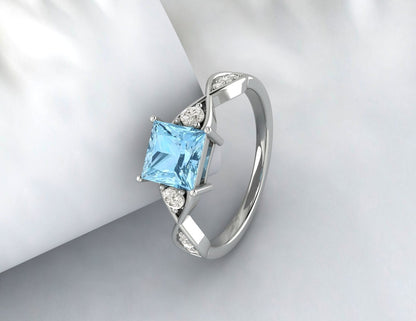 Princess Cut Aquamarine Engagement Ring Sterling Silver Ring March Birthstone Ring 14k Gold Twist Band Ring Gift For Her Diamond Ring