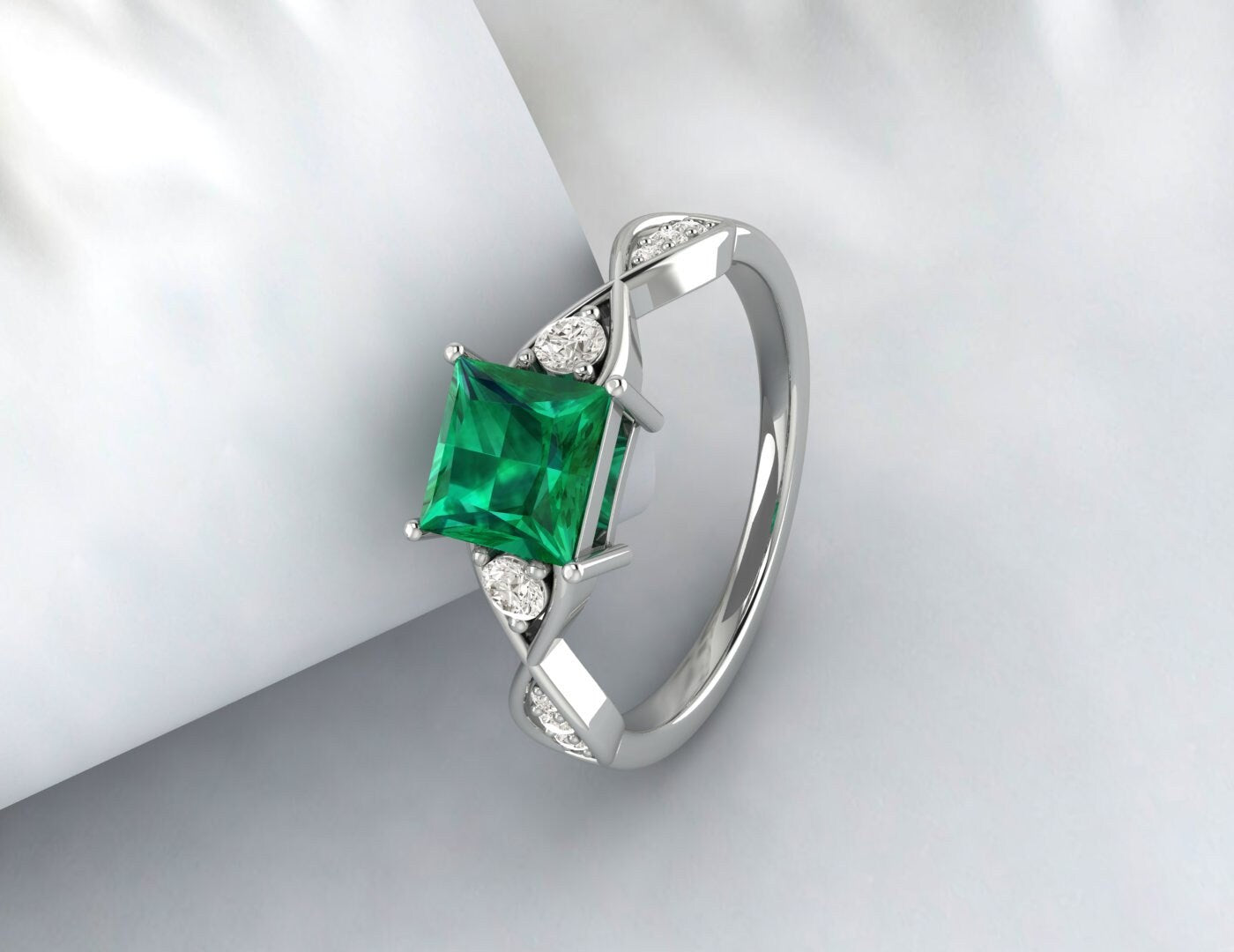 Princess Cut Emerald Engagement Ring Twist Wedding Ring Gift For Her