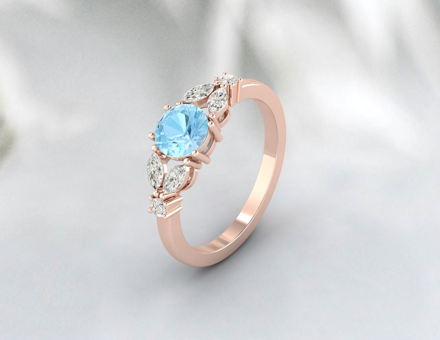 Round Aquamarine Engagement Ring Leaf Ring Anniversary Ring For Women