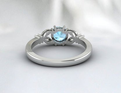 Round Aquamarine Engagement Ring Leaf Ring Anniversary Ring For Women