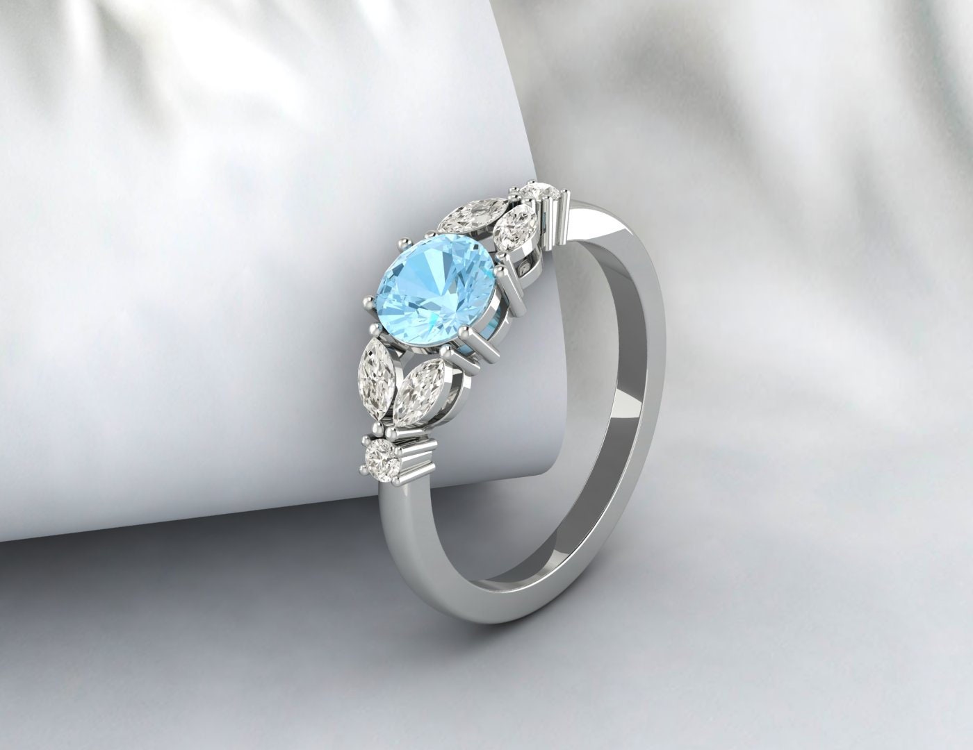 Round Aquamarine Engagement Ring Leaf Ring Anniversary Ring For Women