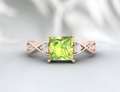 Natural Princess Cut Green Peridot Wedding Ring Bridal Promise Gift