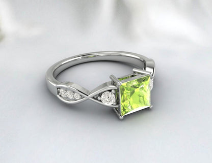 Natural Princess Cut Green Peridot Wedding Ring Bridal Promise Gift