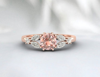 Bague de fiançailles ronde en morganite, bague en feuille, cadeau d'anniversaire en argent