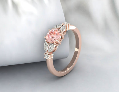 Bague de fiançailles ronde en morganite, bague en feuille, cadeau d'anniversaire en argent