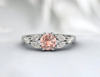 Bague de fiançailles ronde en morganite, bague en feuille, cadeau d'anniversaire en argent