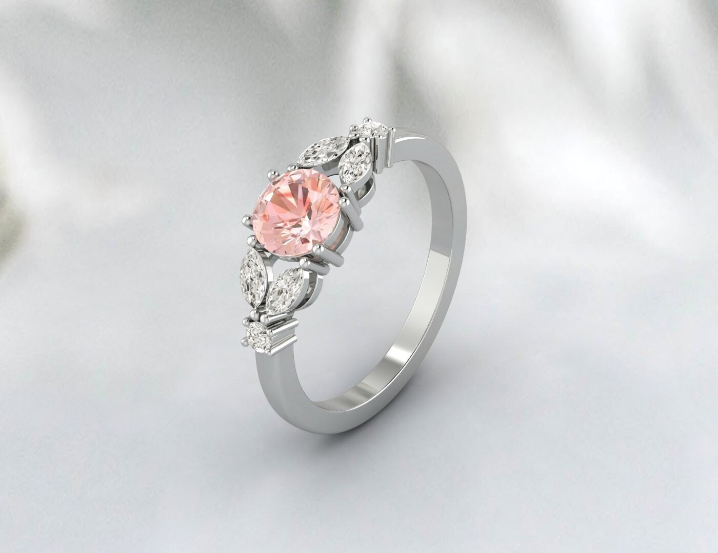 Bague de fiançailles ronde en morganite, bague en feuille, cadeau d'anniversaire en argent