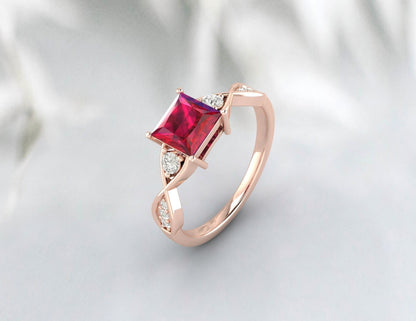 Princess Cut Twist Ruby Engagement Ring Silver Wedding Ring Ring