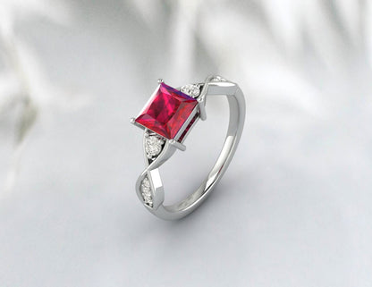 Bague de fiançailles en rubis torsadé taille princesse, bague de mariage en argent