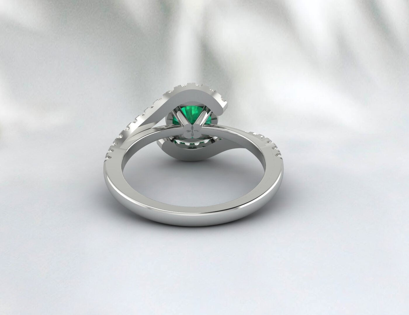 Green Emerald Engagement Ring Silver Ring Bypass Emerald Wedding Ring