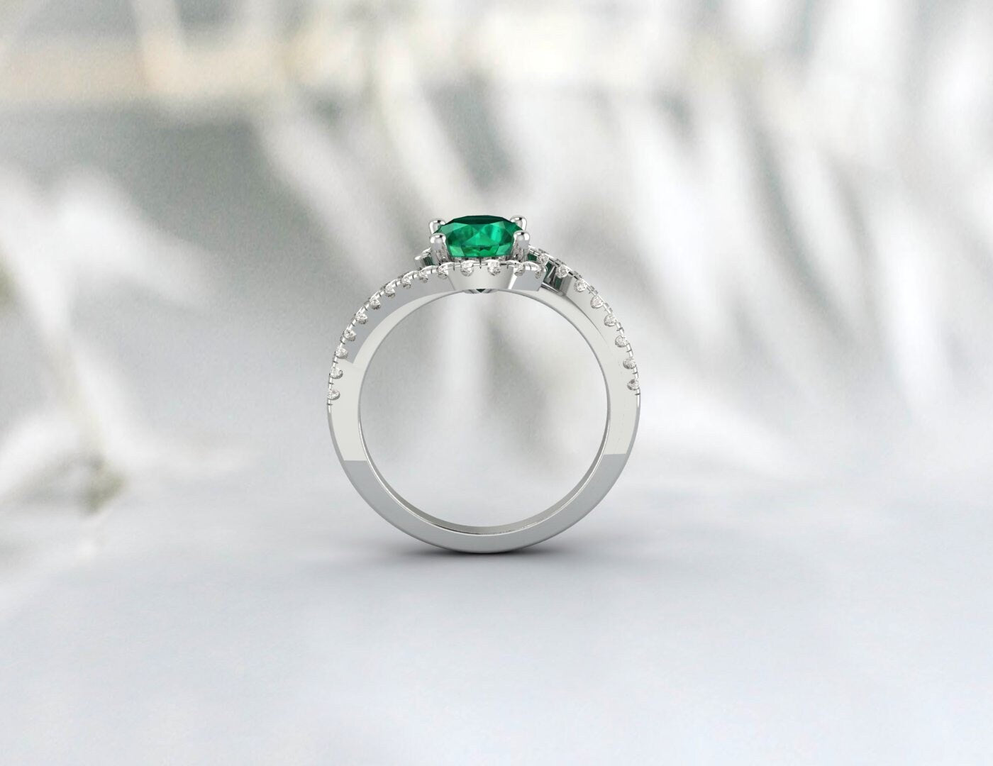 Green Emerald Engagement Ring Silver Ring Bypass Emerald Wedding Ring