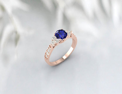 Round Sapphire Ring 14k White Gold September Birthstone Treo set Engagement Ring