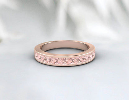 Princess Cut  Peach Morganite Band 14k Rose Gold Ring Wedding Band