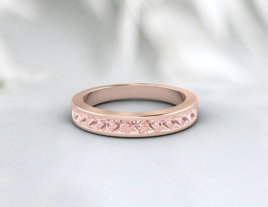 Princess Cut Pfirsich Morganit Band 14k Rose Gold Ring Ehering