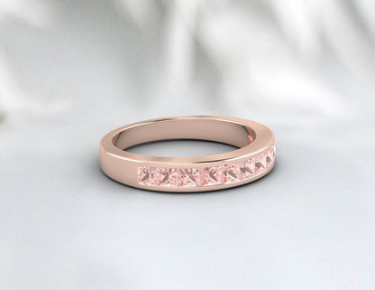 Princess Cut  Peach Morganite Band 14k Rose Gold Ring Wedding Band