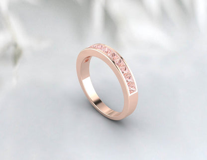 Princess Cut  Peach Morganite Band 14k Rose Gold Ring Wedding Band