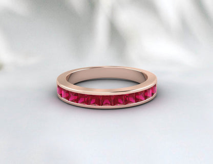 Princess Cut Ruby Band July Birthstone Half Eternity Wedding Band