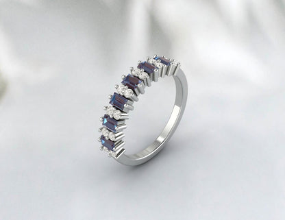 Baguette Cut Alexandrite Half Eternity Ring Wedding Band For Women