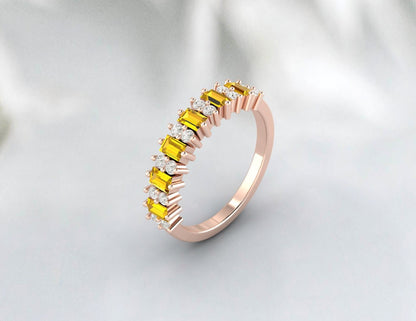 Baguette Yellow Citrine Wedding Band For Women Half Eternity Band