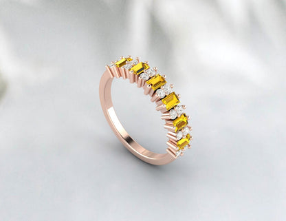 Baguette Yellow Citrine Wedding Band For Women Half Eternity Band