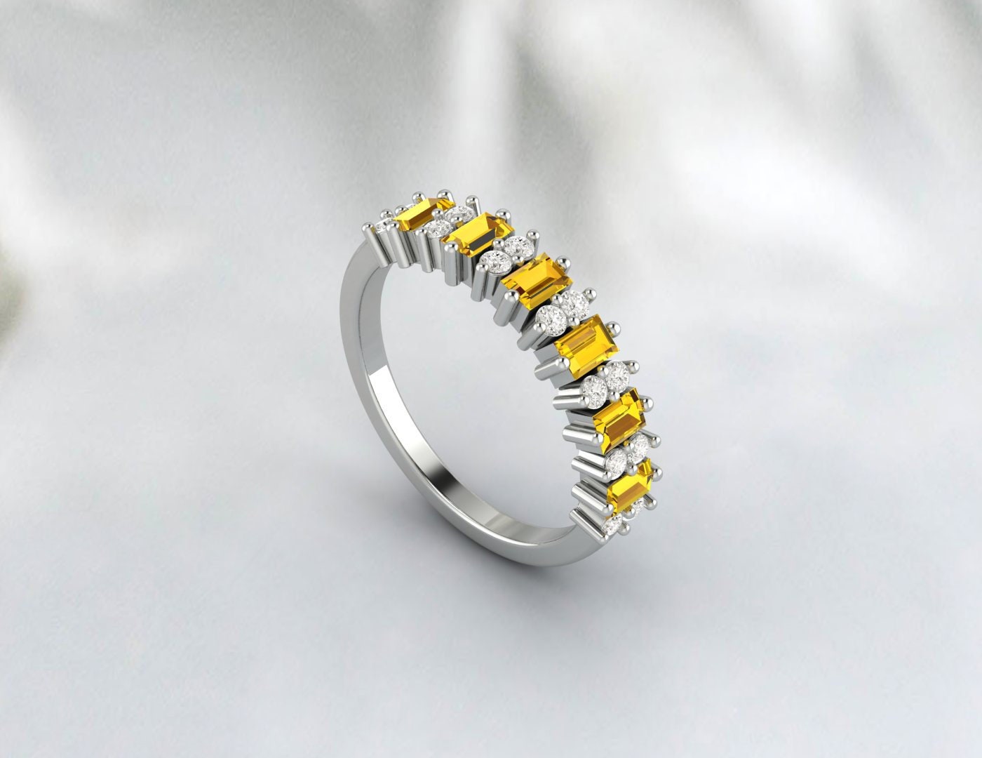 Baguette Yellow Citrine Wedding Band For Women Half Eternity Band