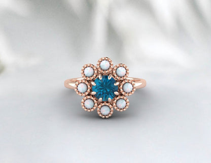 London Blue Topaz and Opal Sunflower Ring, November Birthstone ring, Wedding Band, Enagagement ring for women, gift for her