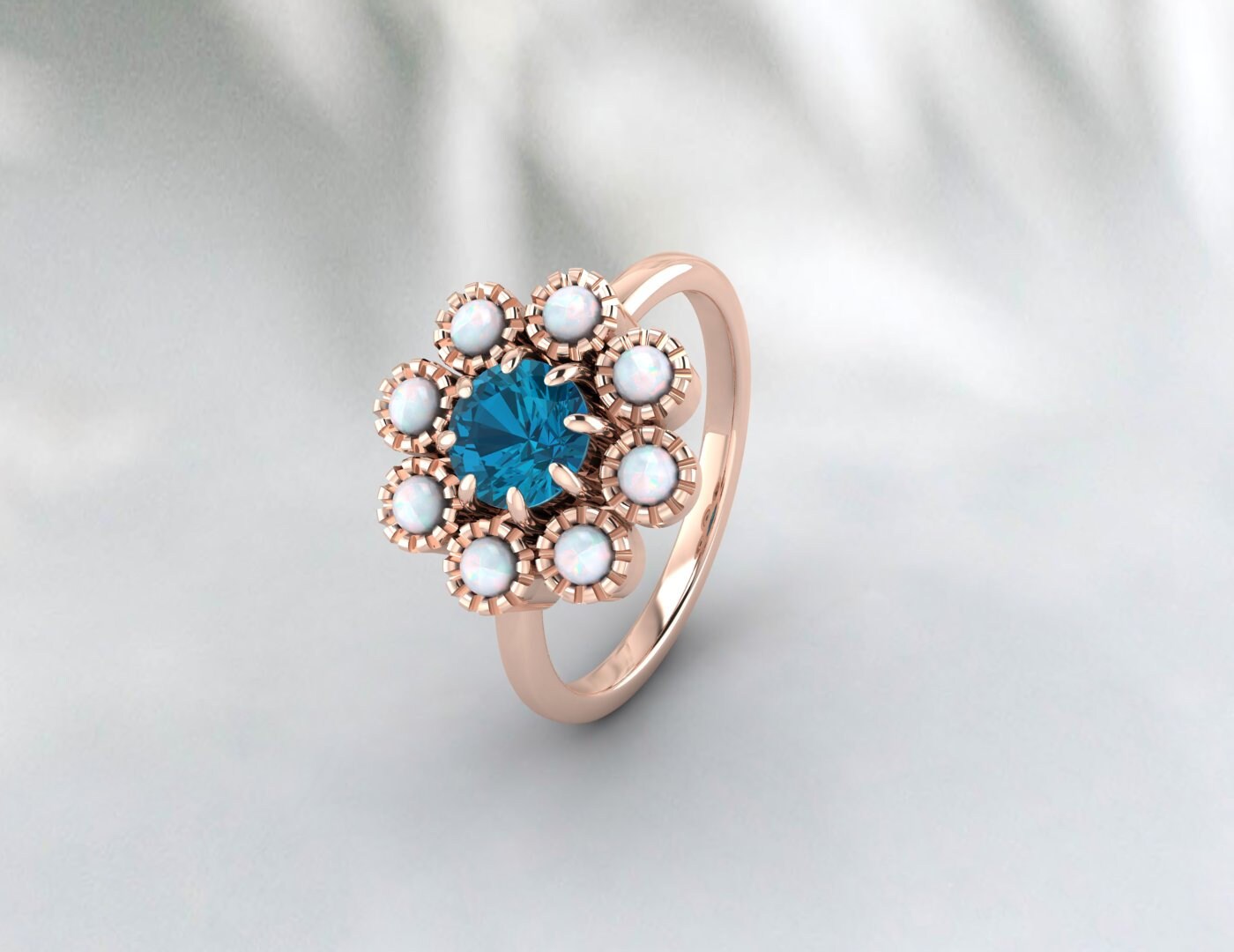 London Blue Topaz and Opal Sunflower Ring, November Birthstone ring, Wedding Band, Enagagement ring for women, gift for her