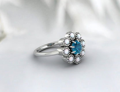 London Blue Topaz and Opal Sunflower Ring, November Birthstone ring, Wedding Band, Enagagement ring for women, gift for her