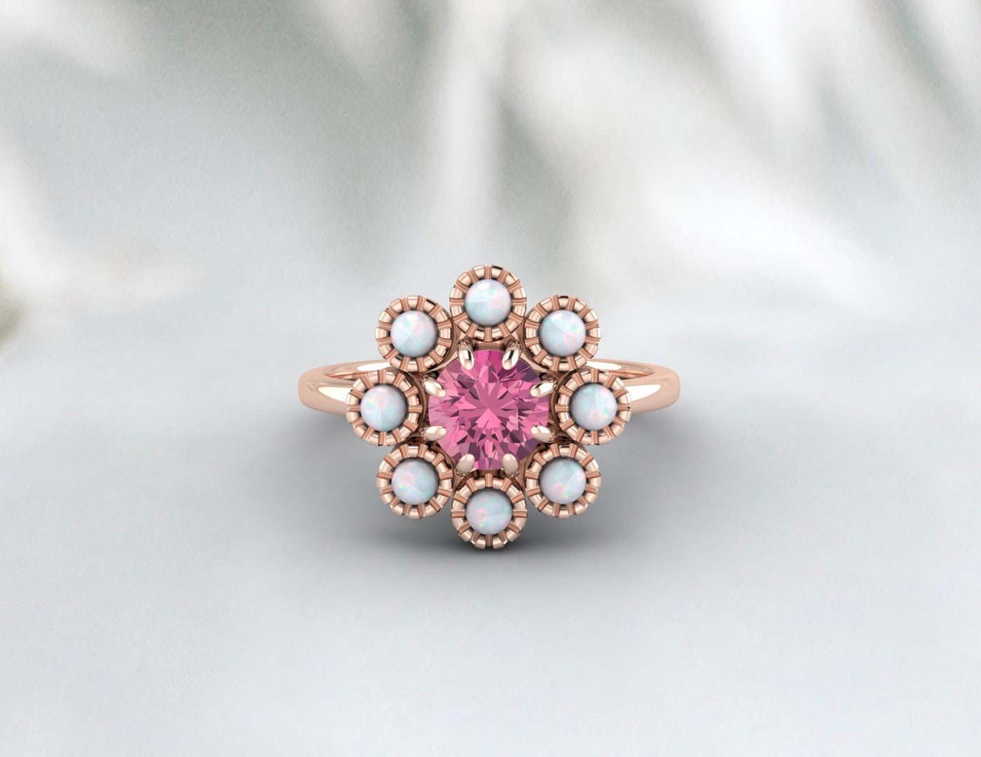 Opal & Pink Tourmaline Floral Ring, Gold Ring, 925 Sterling Silver Ring, October Birthstone Ring, Vintage Ring, Wedding Gift, Ring For Her