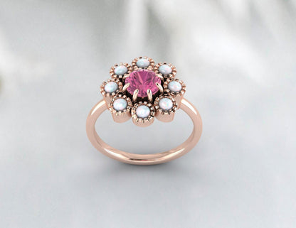 Opal & Pink Tourmaline Floral Ring, Gold Ring, 925 Sterling Silver Ring, October Birthstone Ring, Vintage Ring, Wedding Gift, Ring For Her