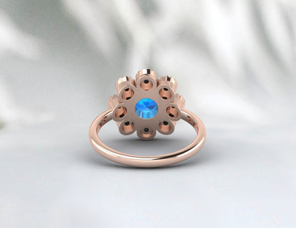 Opal&Swis Blue Topaz Sunflower Ring Antique Art Deco Engagement Ring