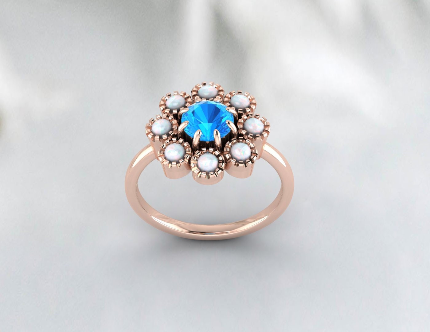 Opal&Swis Blue Topaz Sunflower Ring Antique Art Deco Engagement Ring