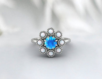 Opal&Swis Blue Topaz Sunflower Ring Antique Art Deco Engagement Ring