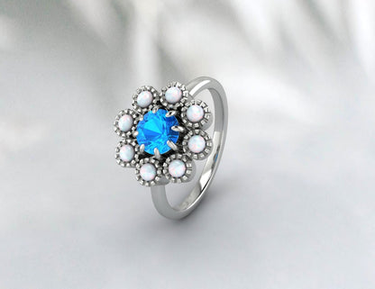 Opal&Swis Blue Topaz Sunflower Ring Antique Art Deco Engagement Ring