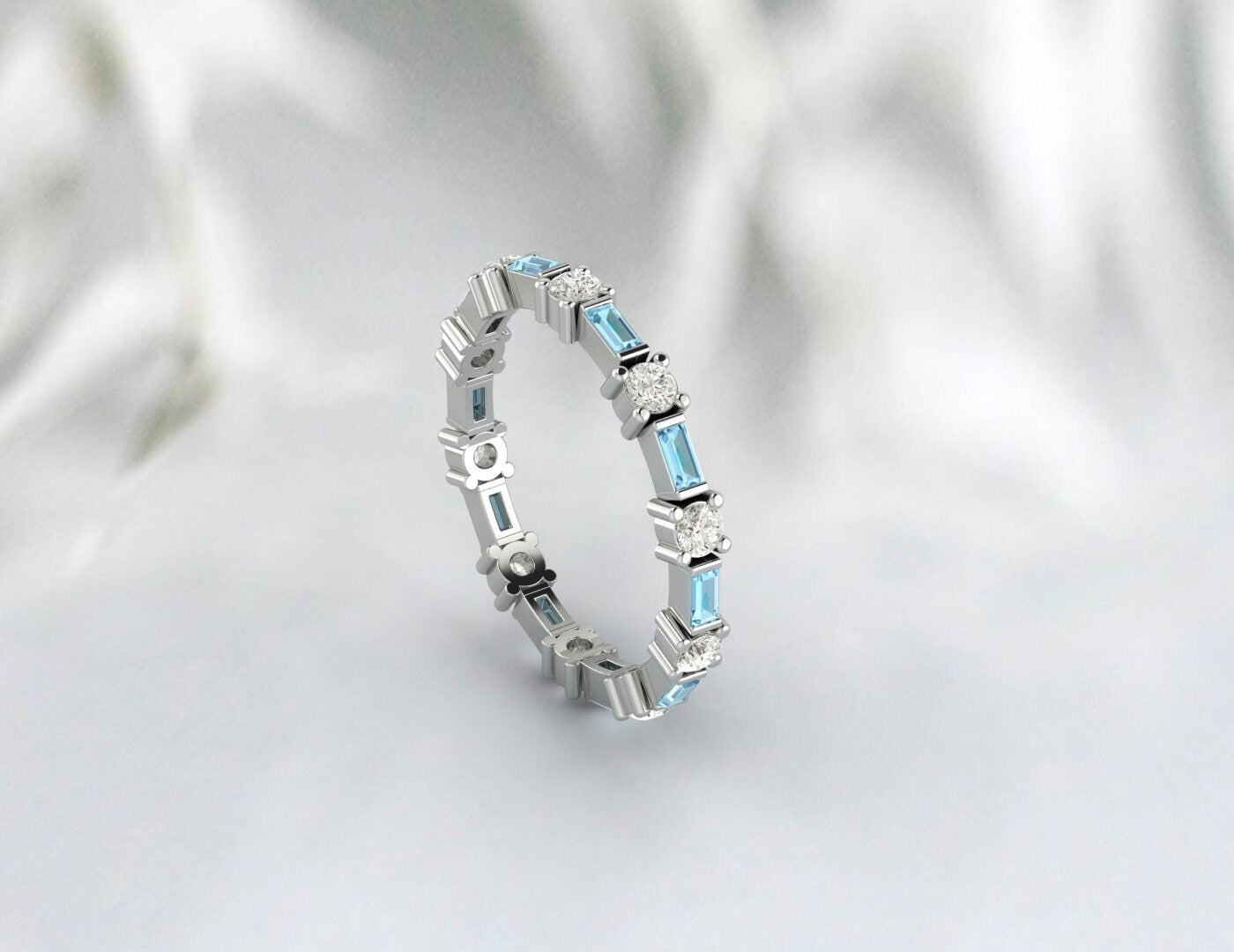 Baguette Aquamarine Full Eternity Wedding Band Stacking Gemstone Ring