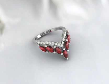 Bague de mariage grenat rouge, bague de promesse incurvée en V Vintage