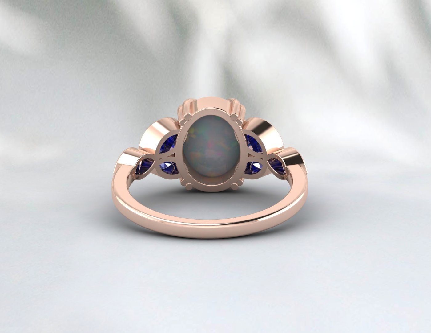 Natural Fire Opal Ring Blue Sapphire Ring Dainty Mom Jewelry Gift