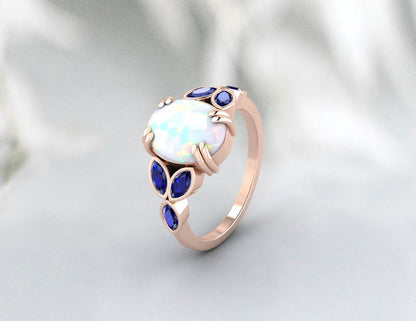 Bague opale de feu naturelle, saphir bleu, bijoux délicats pour maman, cadeau