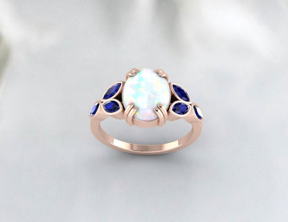 Bague opale de feu naturelle, saphir bleu, bijoux délicats pour maman, cadeau