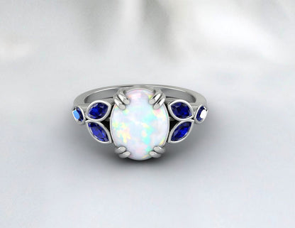 Natural Fire Opal Ring Blue Sapphire Ring Dainty Mom Jewelry Gift