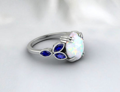 Natural Fire Opal Ring Blue Sapphire Ring Dainty Mom Jewelry Gift